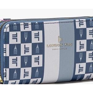 London Fog Women’s Blue Adalia Signature Zip Around Wallet Logo Card Slots NEW